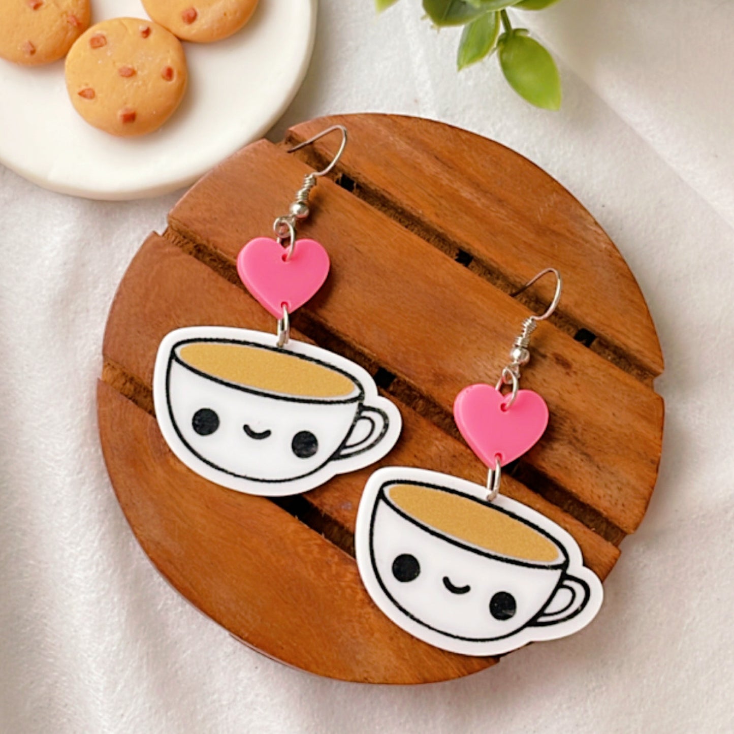 Candid Coffee Earrings - White, Pink & Brown - Nian by Nidhi - placed in a white background with cookies